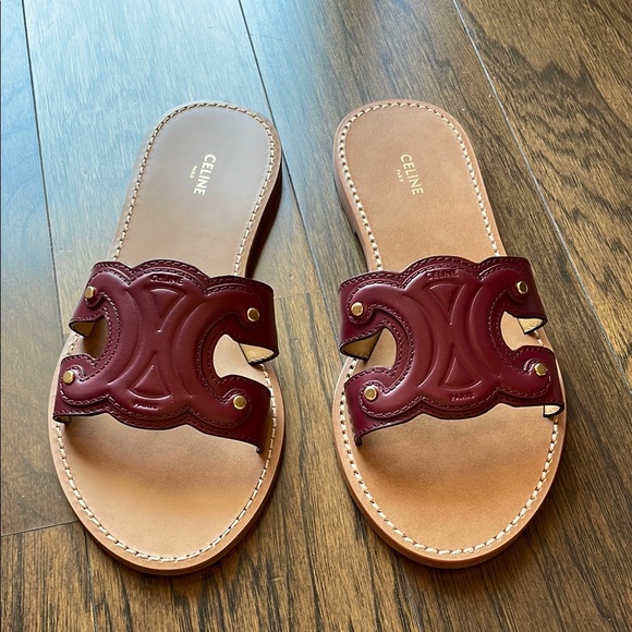 Celine Burgundy Triomphe Sandals Leather 38.5 BNIB - Picture 1 of 4